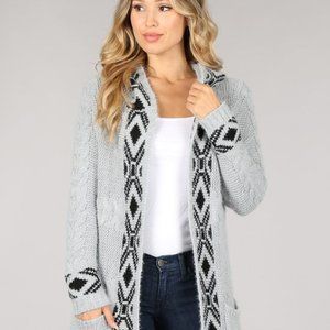 Cozy Tribal Print Long Cardigan Hooded Sweater Top Boho Blanket 70s Inspired